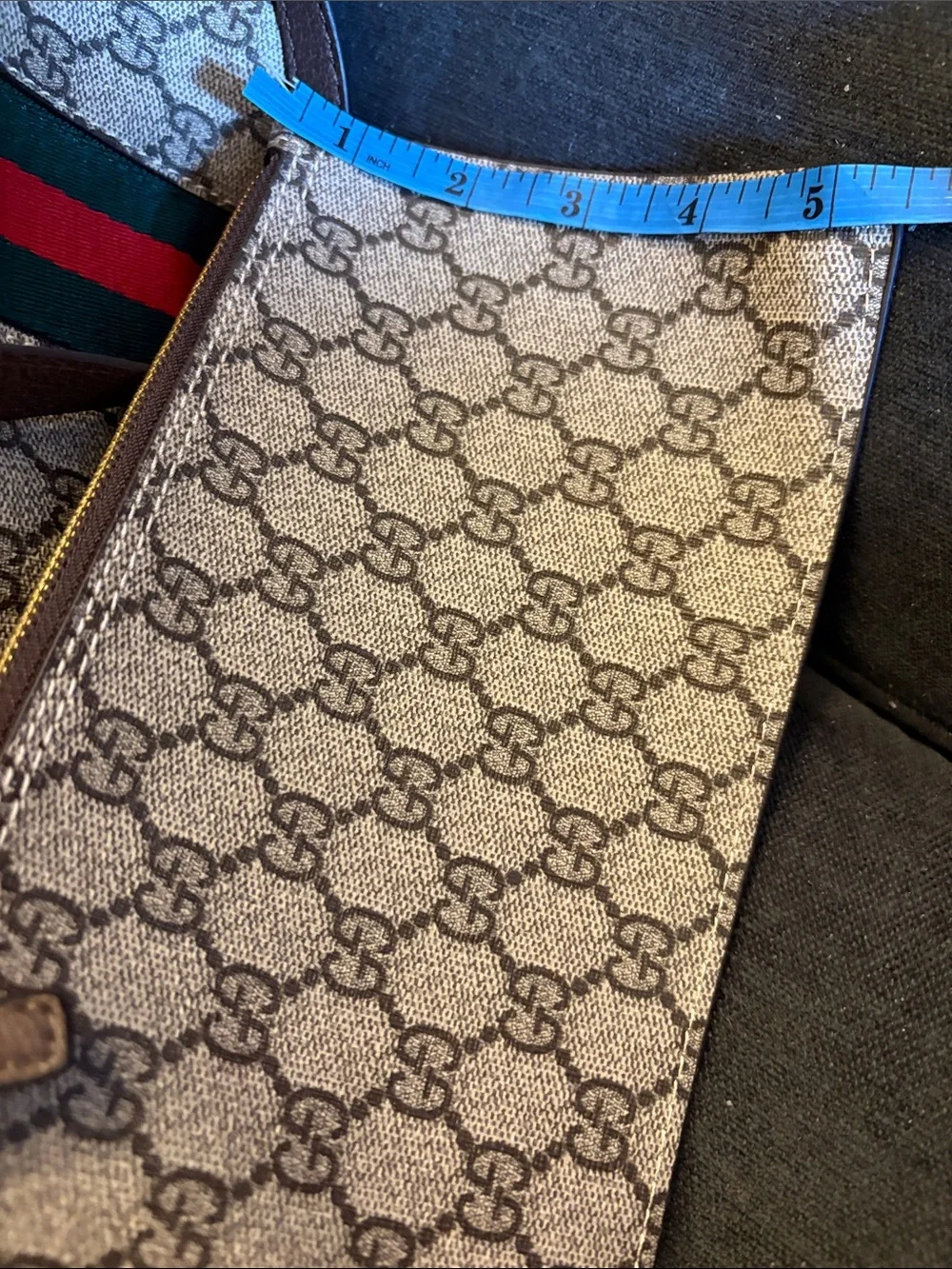 Gucci Beige GG Supreme Canvas Tote with Brown Trim and Green-Red Stripe